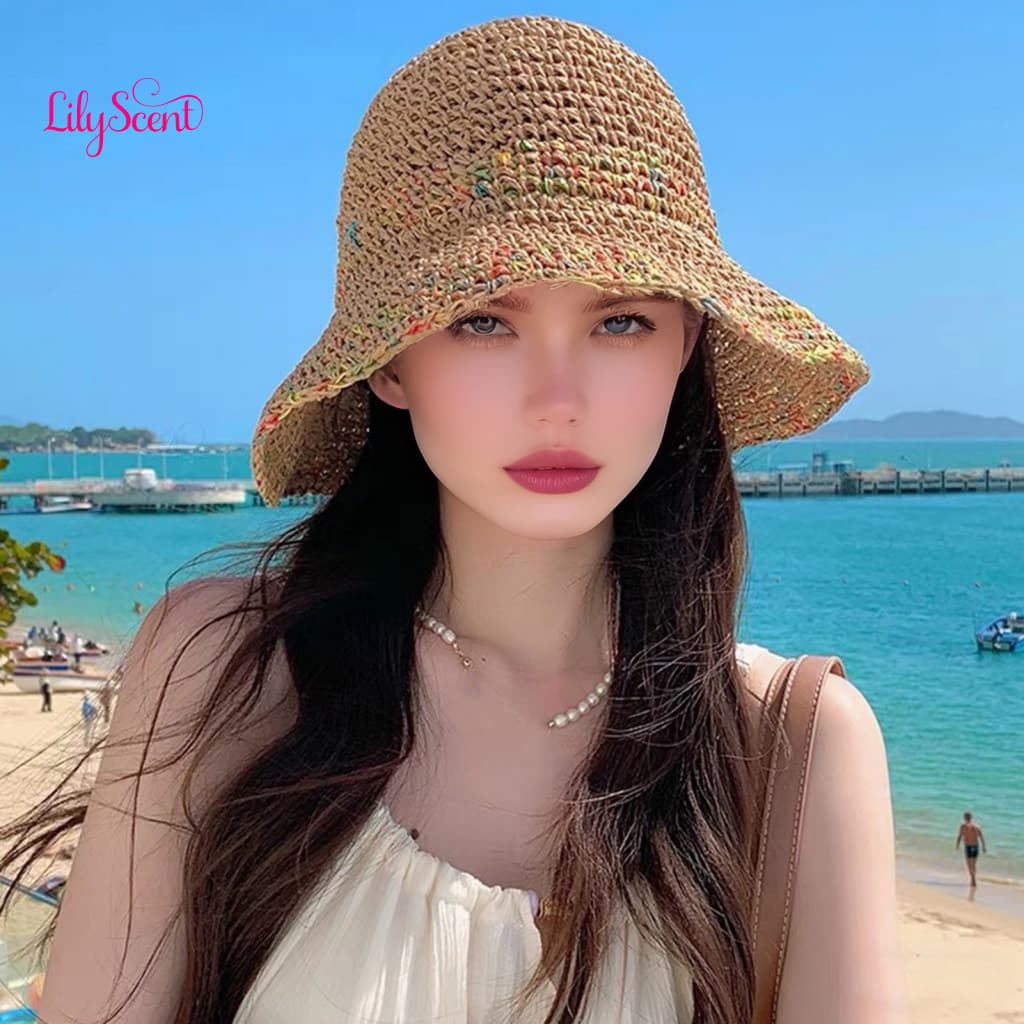 Breathable Summer Hat Rainbow Fisherman Foldable Straw Sun Protection Large Brim Hollow Beach Vacation Cap for Men and W