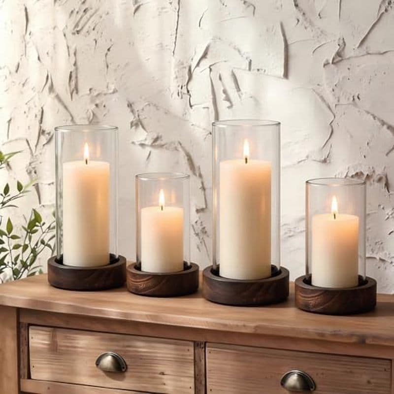 Conjunto Ronasip De 2 Castiçais Furacão Com Base De Madeira & amp ; Cilindro De Vidro (4.2x5.9) 4.6x7.8) – Rústicos Para