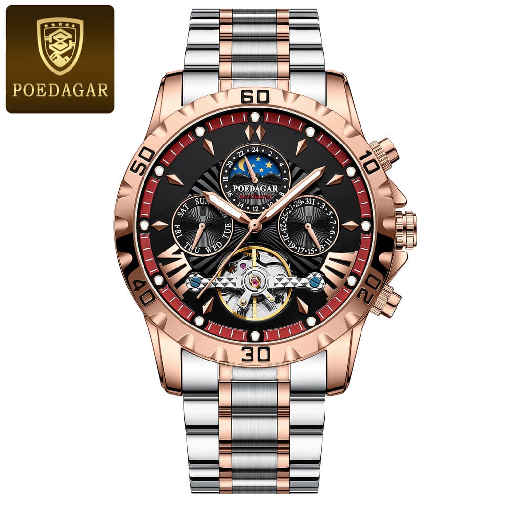 POEDAGAR P1410 Luxo Automático Mecânico Homens Relógio Oco Tourbillon À Prova D'água Luminosa Semana Data Relógios De Ne