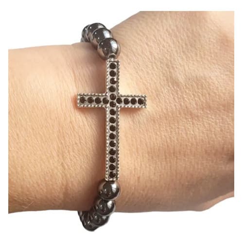 Pulseira Cruz Hematita Pedra Proteção Energia Religião 6mm