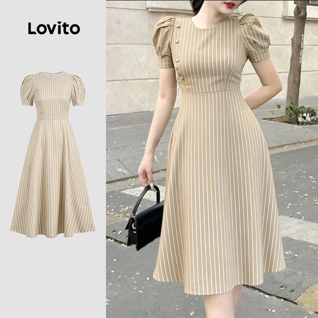 Lovito Vestido Casual com Linhas Botões e Babados Na Barra Vestido Caqui para Mulheres primavera/verão LK6ED173