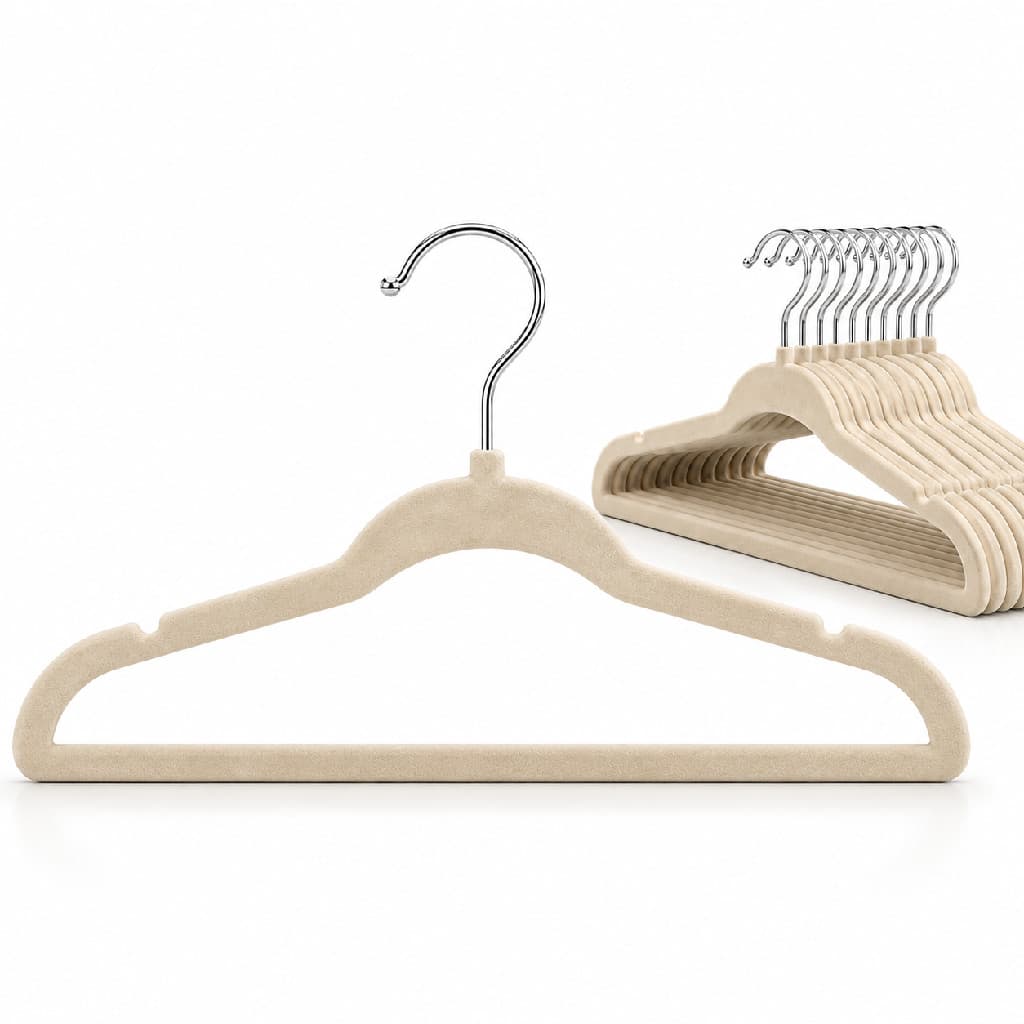 Kit 25 Cabides de Veludo Bege Slim Antideslizante Fino Gancho Giratório 360 Guarda Roupa Closet Arara