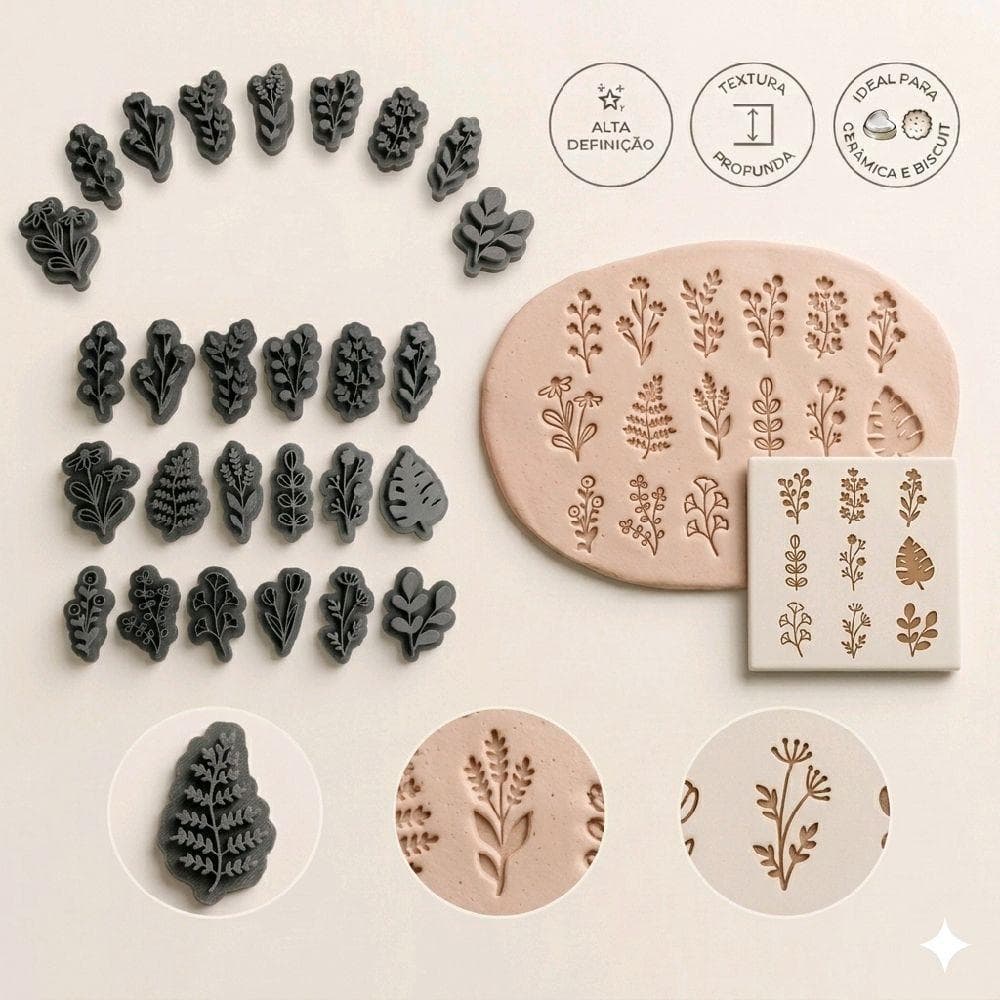 Kit 18 Carimbos Folhas e Flores Artesanato Cerâmica Massa Polímer Clay Massinha