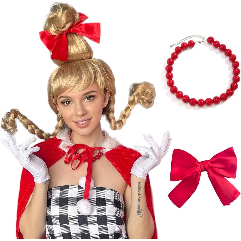 Peruca Loira de Natal com Tranças Cindy, Laço Vermelho e Colar, Peruca de Fantasia de Natal para Meninas e Mulheres com