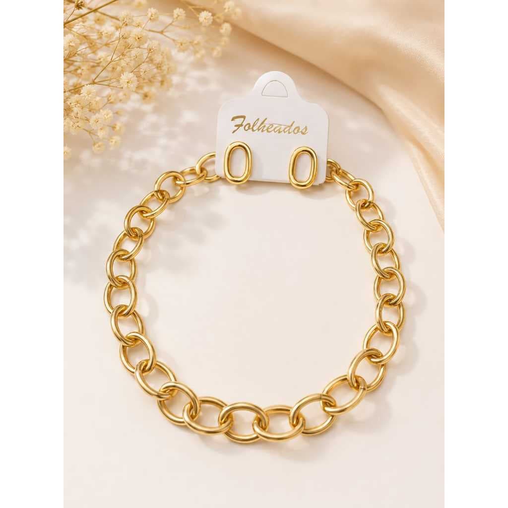✨ kit Colar de  Elo + Brinco Folheados a Ouro Elegante ✨