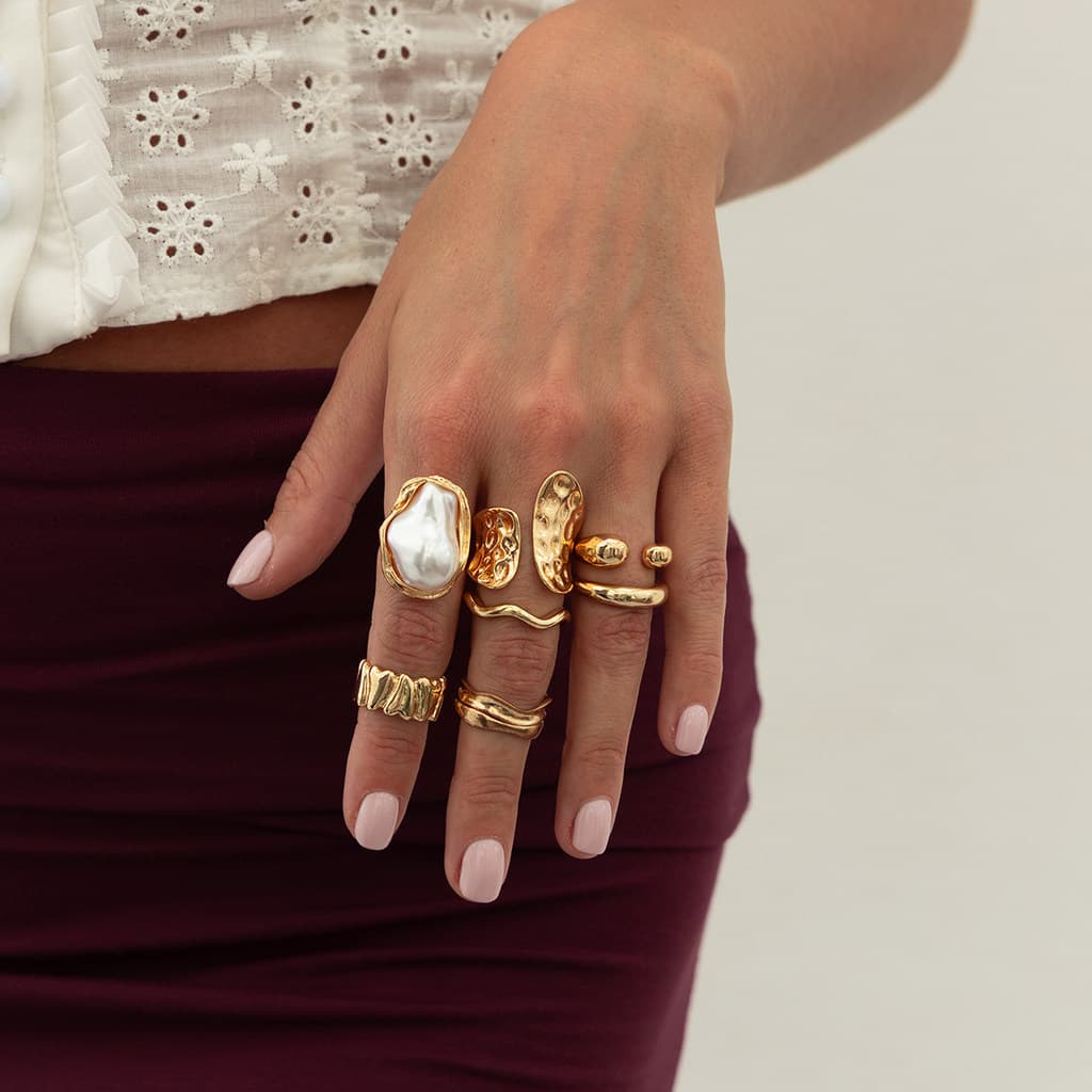 anel de namoro anel Conjunto de 7 peças imitação de pérola onda anel conjunto europeu americano moda personalidade na mo