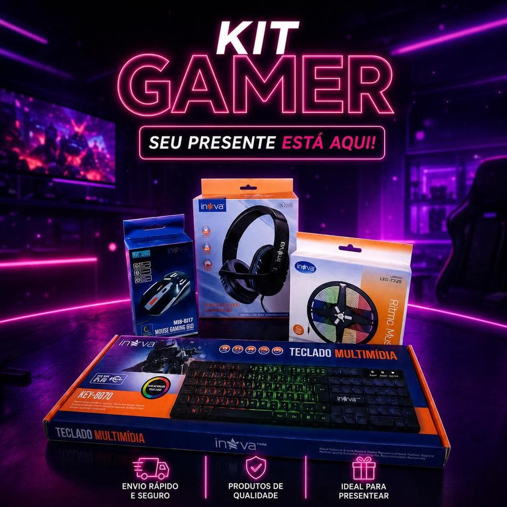 KIT GAMER Inova Teclado, Fone Headset, Mouse E Luz LED - Ideal para o seu momento Gamer - Com Fio