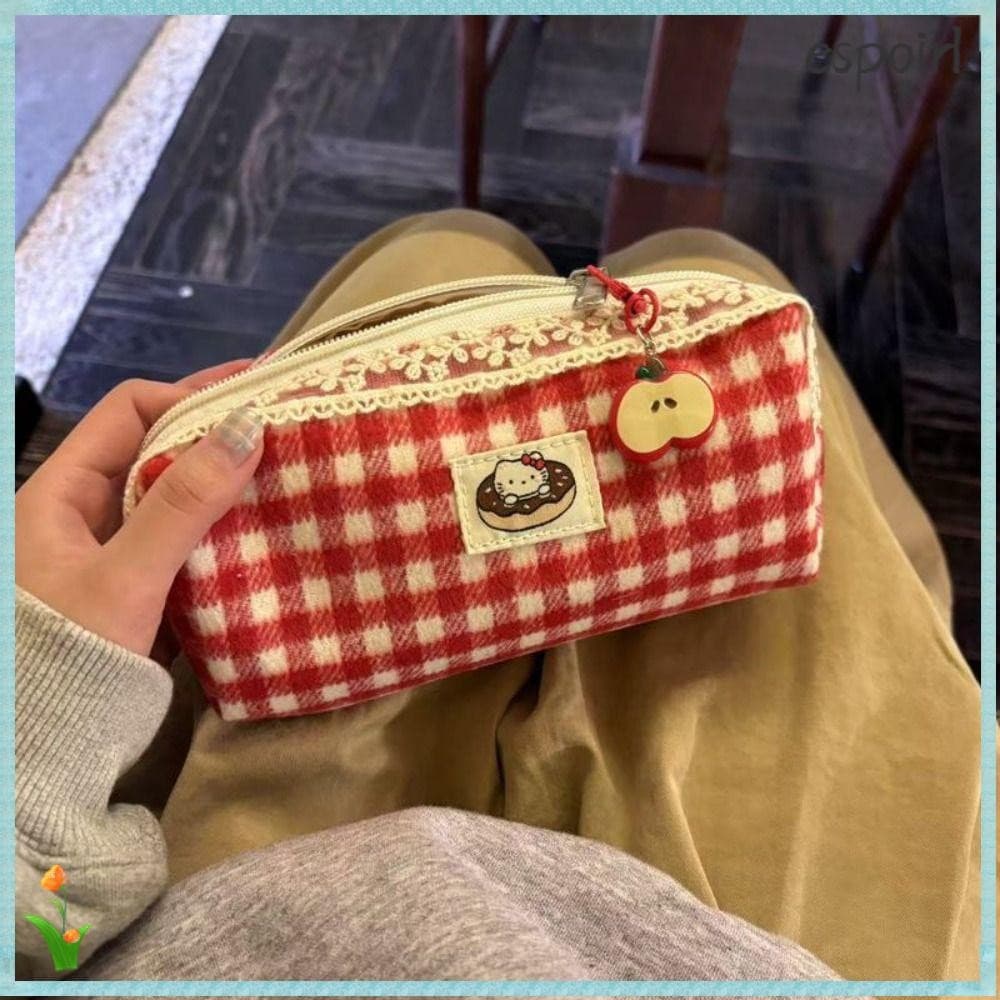 Bolsa De Caneta ESPOIR , Lápis Xadrez Vermelho Hello Kitty , Fofa Com Pingente De Grande Capacidade , De Desenho Animado