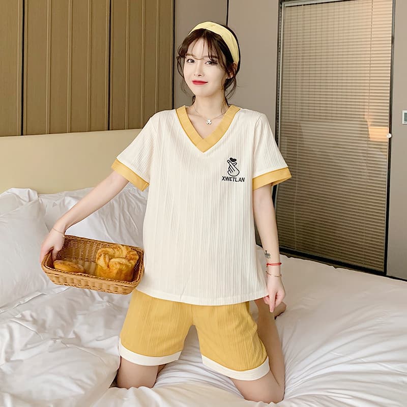 Pijamas femininos verão estilo fino puro algodão Shorts de manga curta 2022 novo estilo com decote em v estudante bonito