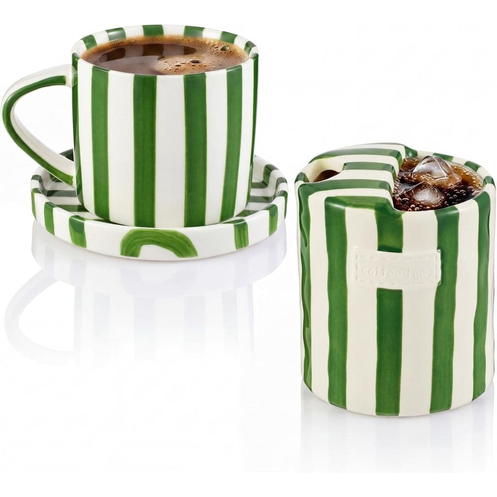 Conjunto De Caneca De Café De Cerâmica Maxdot 2 Peças , Copo Listrado Retrô Pintado À Mão De 8 Onças Com Pires , De 10 O