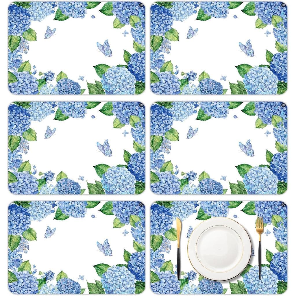 6 Peças De Jogos Americanos De Plástico De Hortênsia Azul , 11 X 16 Polegadas , Verão , Floral E Borboleta , Tapetes De