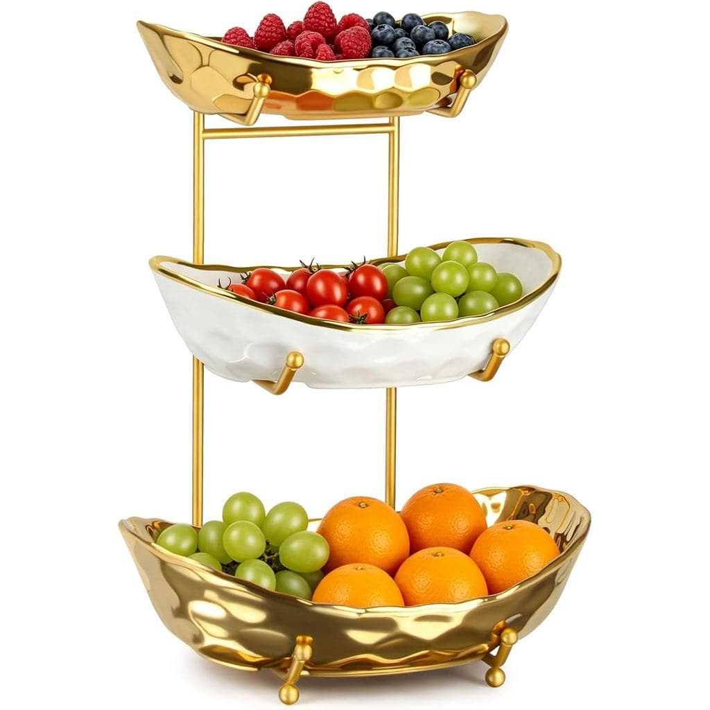 Tigela De Frutas De Cerâmica De 3 Camadas Para Balcão De Cozinha , Suporte De Cesta Em Com Rack De Metal Dourado Decorat