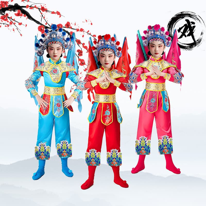 Traje de drama de pequim infantil Xiaohecai Mu Guiying pendurado bonito traje Hua Mulan Madan traje