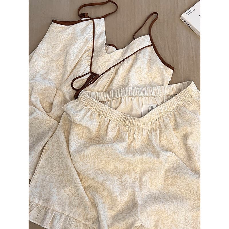 Sling pijamas feminino verão com almofada no peito feminino 2025 novo estilo verão doce marrom padrão nuvem algodão tern