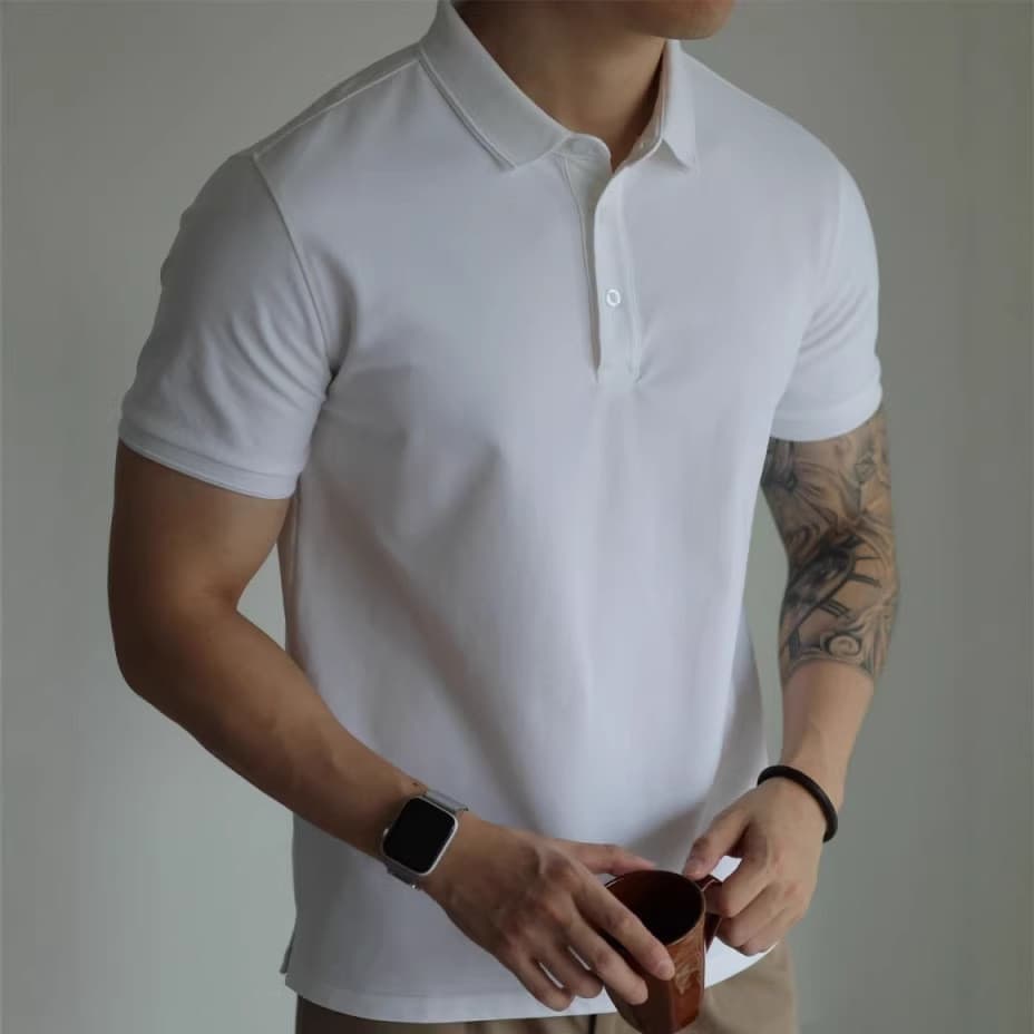 Camisa POLO americana de cor sólida lapela moda masculina All-maturo luz madura solta Casual negócios manga curta Commut