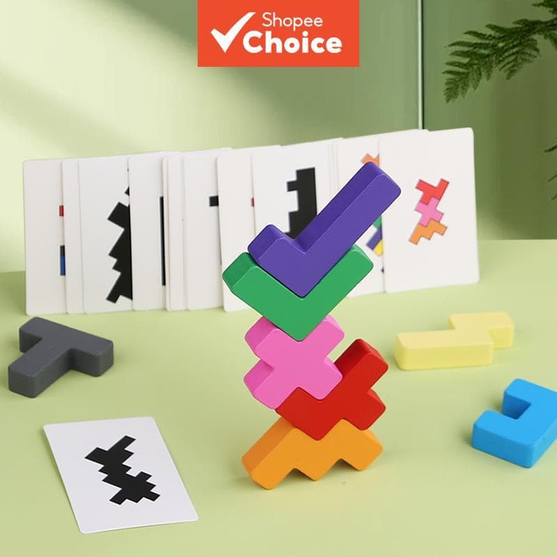 Quebra-Cabeça Montessori Tetris de Madeira | Jogo de Empilhamento de Blocos Geométricos 3D | Brinquedo Quebra-Cabeça