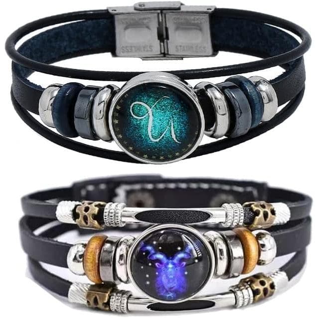2 Peças de Pulseira de Couro Multicamadas com Signos do Zodíaco, Pulseira Trançada Feita à Mão com Símbolos do Zodíaco p