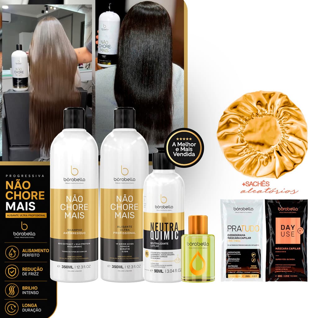 Kit Não Chore Mais Realinhamento Borabella 350ml + Neutralizante 90ml + Argan 7ml + Sachês/Touca Cetim