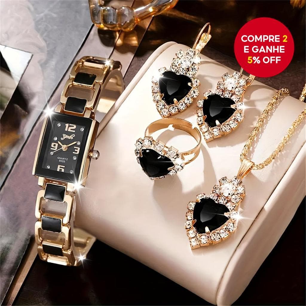 5 Pçs Moda Elegante Retângulo Árabe Dial Imitação Zircão Relógio De Quartzo Liga Pulseira Conjunto Jóias Feminino Sem Ca