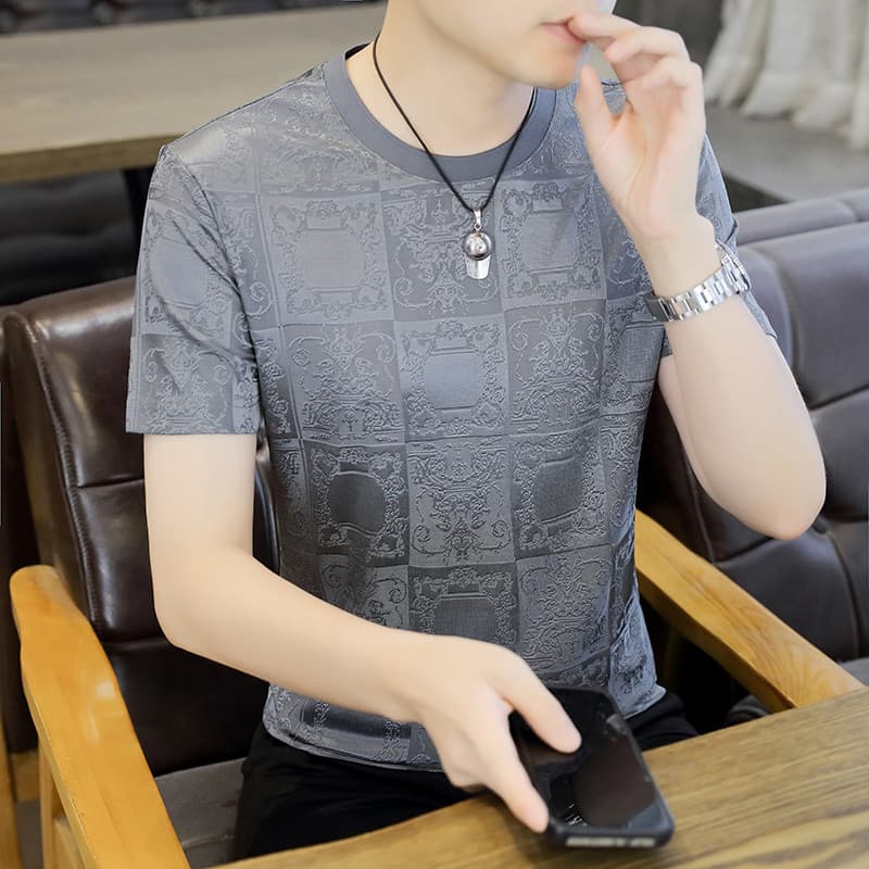 Camiseta masculina de manga curta de luxo leve de alta qualidade estilo fino de seda gelo respirável verão meia manga de