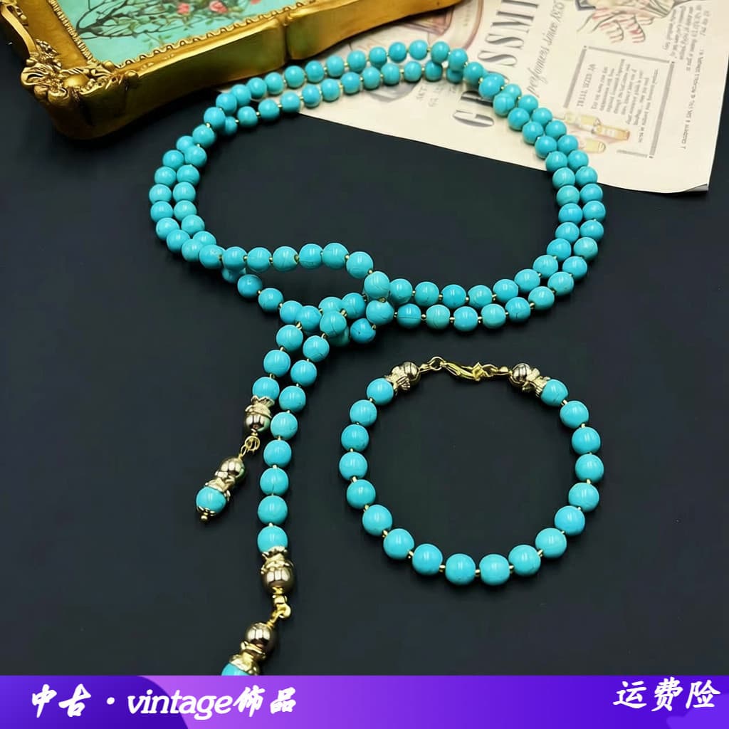 Qingdao vintage verão novo estilo pedra azul oceano suéter corrente contas longo turquesa colar pingente