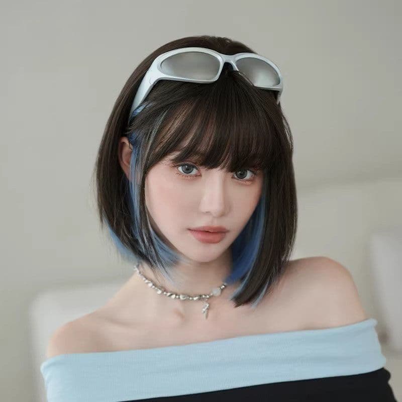 Peruca feminina completa chapelaria peruca estilo coreano azul destacando Qi franja cabelo curto simulação cabelo peruca
