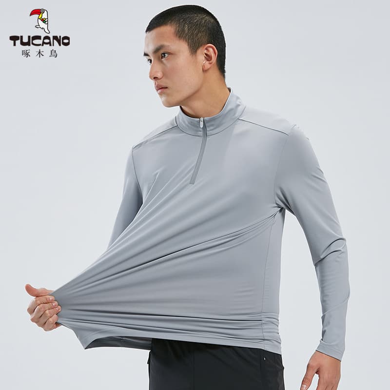 Woodpecker masculino de secagem rápida com meio zíper e gola alta e manga comprida elástica