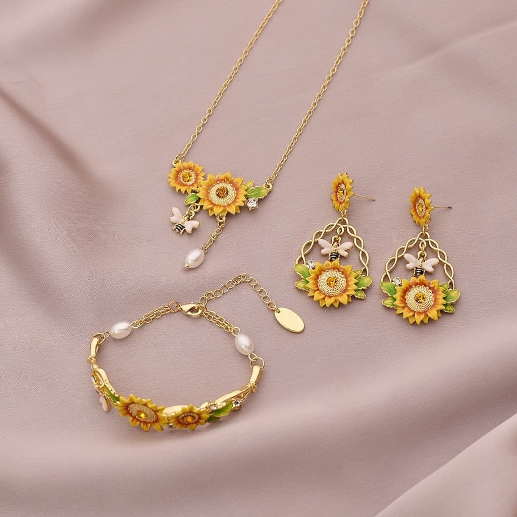 Luz Design de luxo esmalte girassol flor mel conjunto completo jóias elegantes Mori menina colar vint