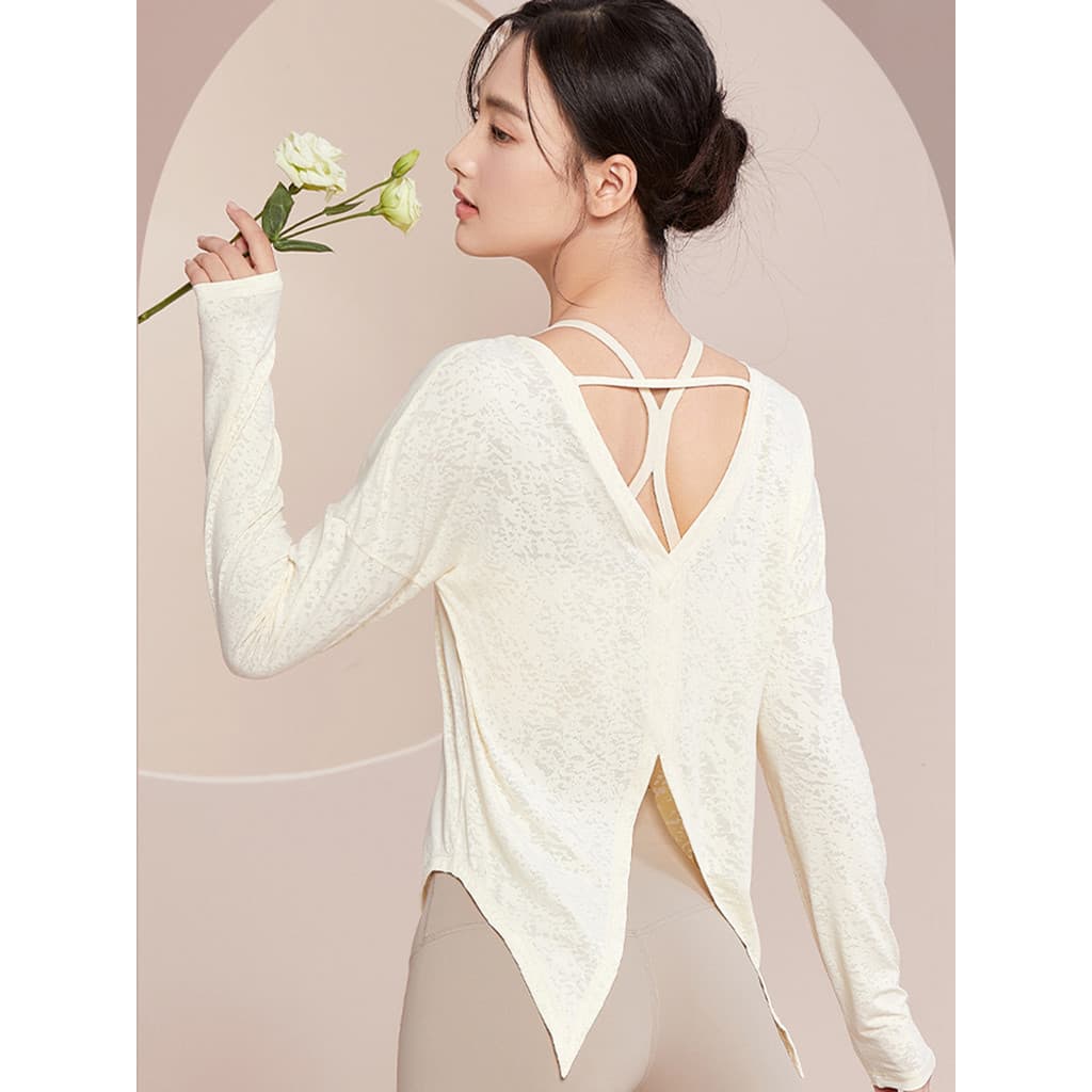 Dovetail Split atado esportes de manga comprida feminino solto respirável oco bonito volta roupas de Yoga de secagem ráp