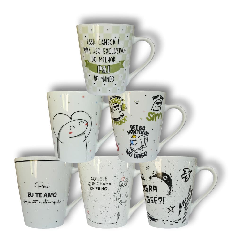 Canecas de porcelana brancas, cônicas, decoradas, 290 ml, xícara, café, chá, Col5-Pais