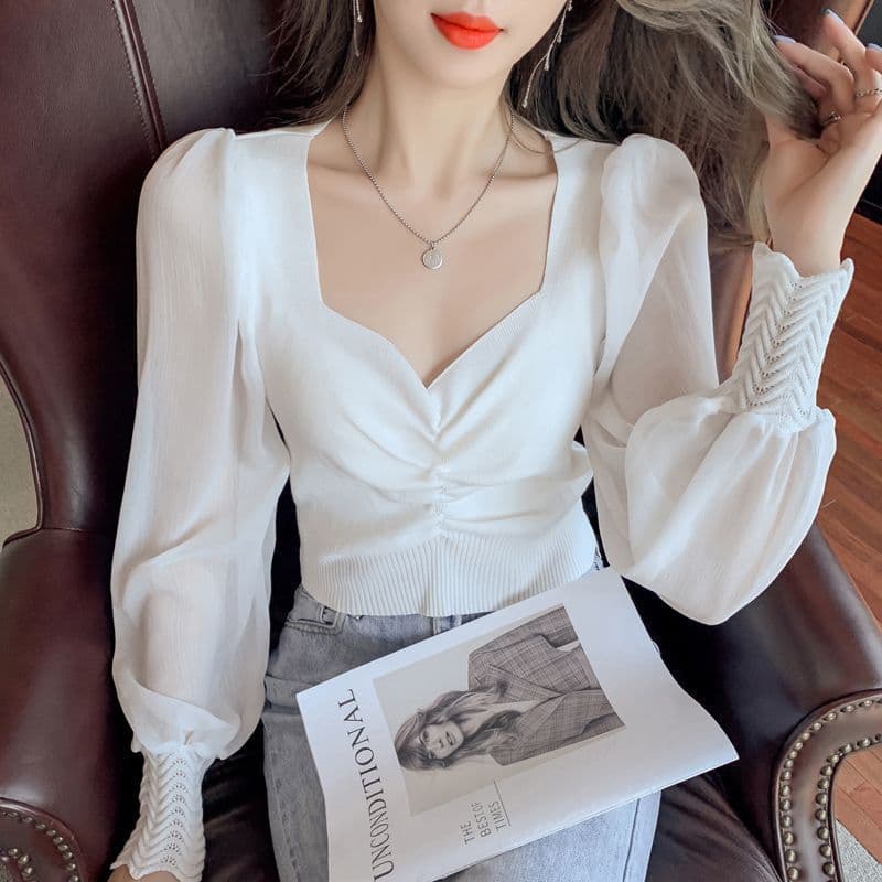 2025 primavera novo estilo gaze francesa Chiffon fino ajuste branco fundo malhas Design elegante topo roupas femininas
