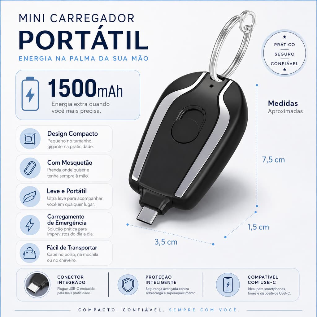 Carregador Portátil Chaveiro Tipo-C de Emergência Mini Power Bank XIMING
