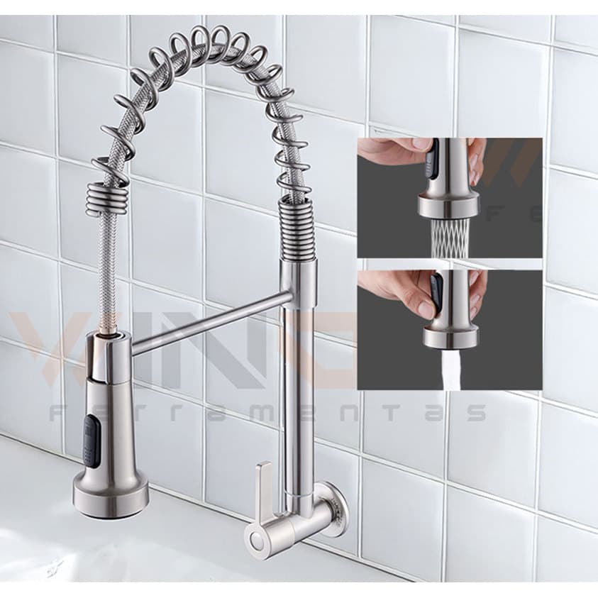 Torneira Gourmet Parede Cozinha Inox 304 Água Fria 360° Flexível Duplo Jato