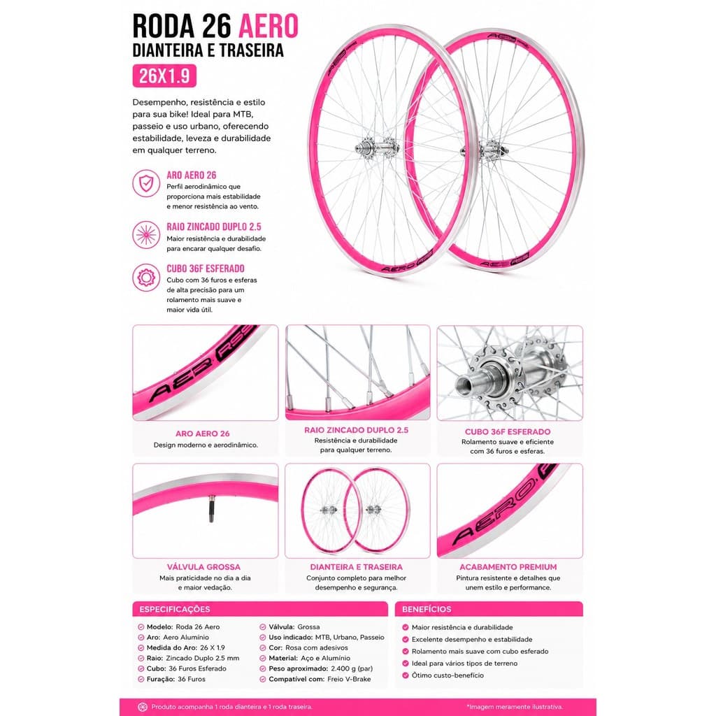 Roda Aro 26 Rosa Neon Aero 26x1.9 Cubo Aço 36F Raio Grosso Bicicleta MTB Urbana O Par