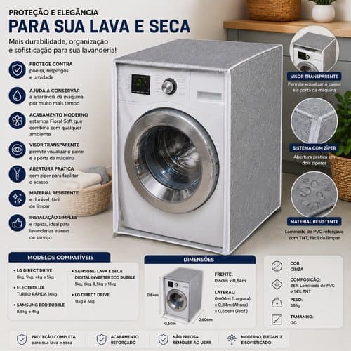 Capa Proteção Máquina De Lavar Visor Transparente Zíper Extra Grande Cinza