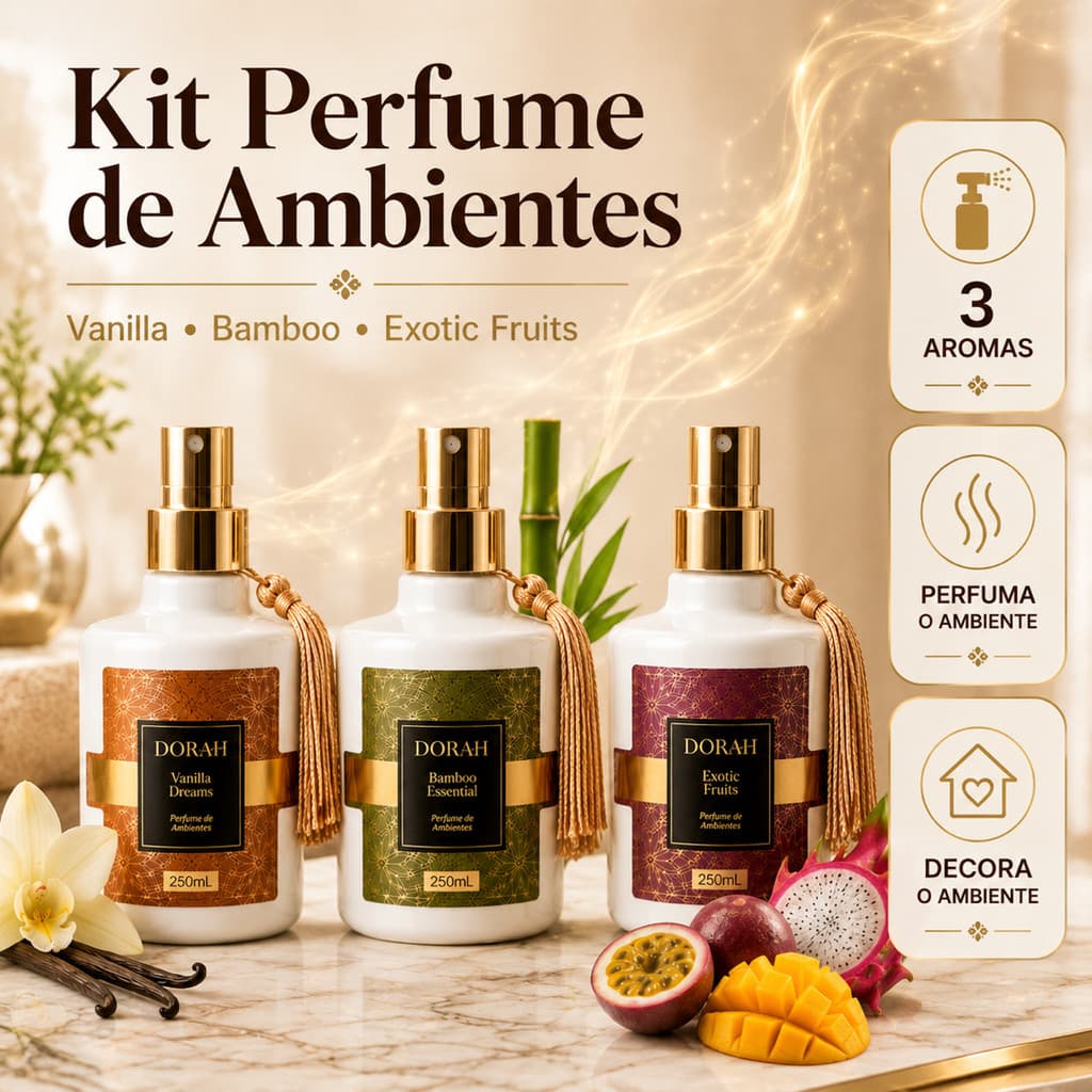 Kit 3 Perfume de Ambientes Dorah Beauty 250ml Aromatizador Spray (Vanilla, Bamboo e Exotic)
