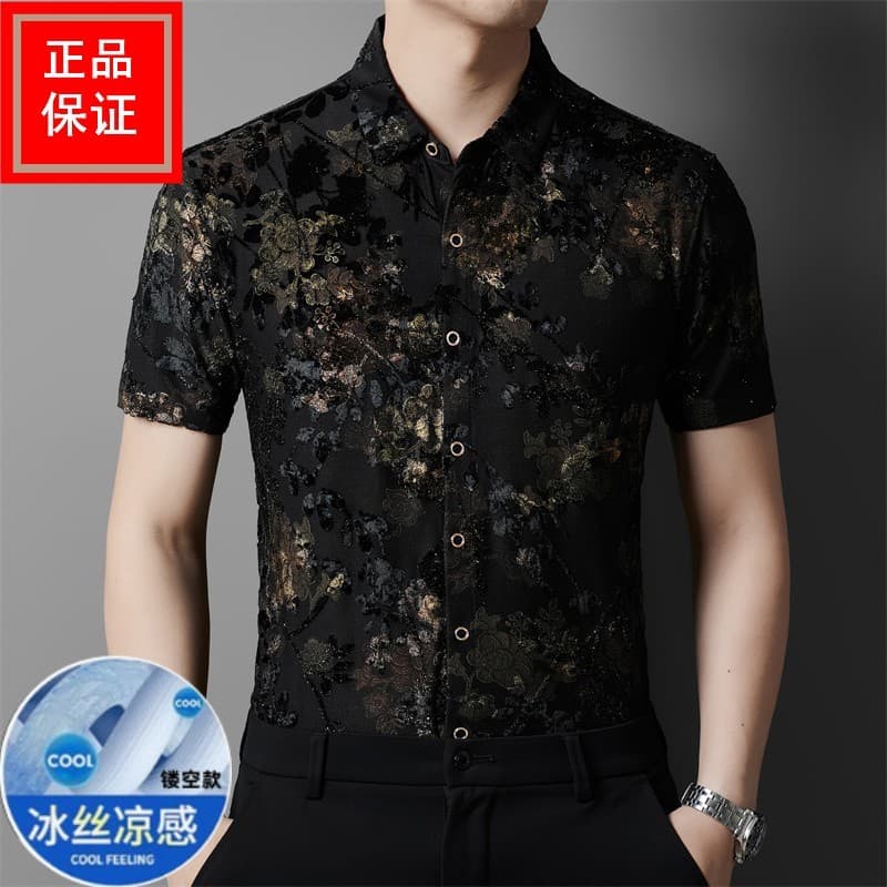 Verão masculino de manga curta flor camisa oco Casual meia-idade pai camisa novo estilo veludo rendas terno de dança mas