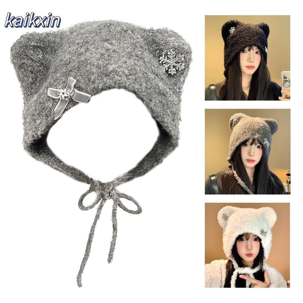 Chapéu De Malha De Pelúcia KAIKXIN , Gorros De Orelha De Gato De Desenho Animado Engrossado , Chapéus De Pulôver À Prova