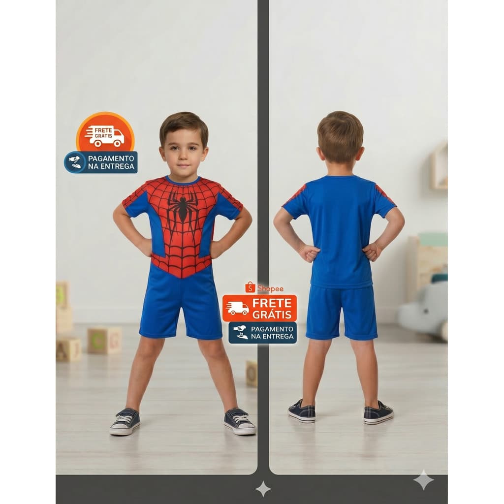 Fantasia Homem Aranha Infantil Menino Macaquinho Curto Sem Capa Premium