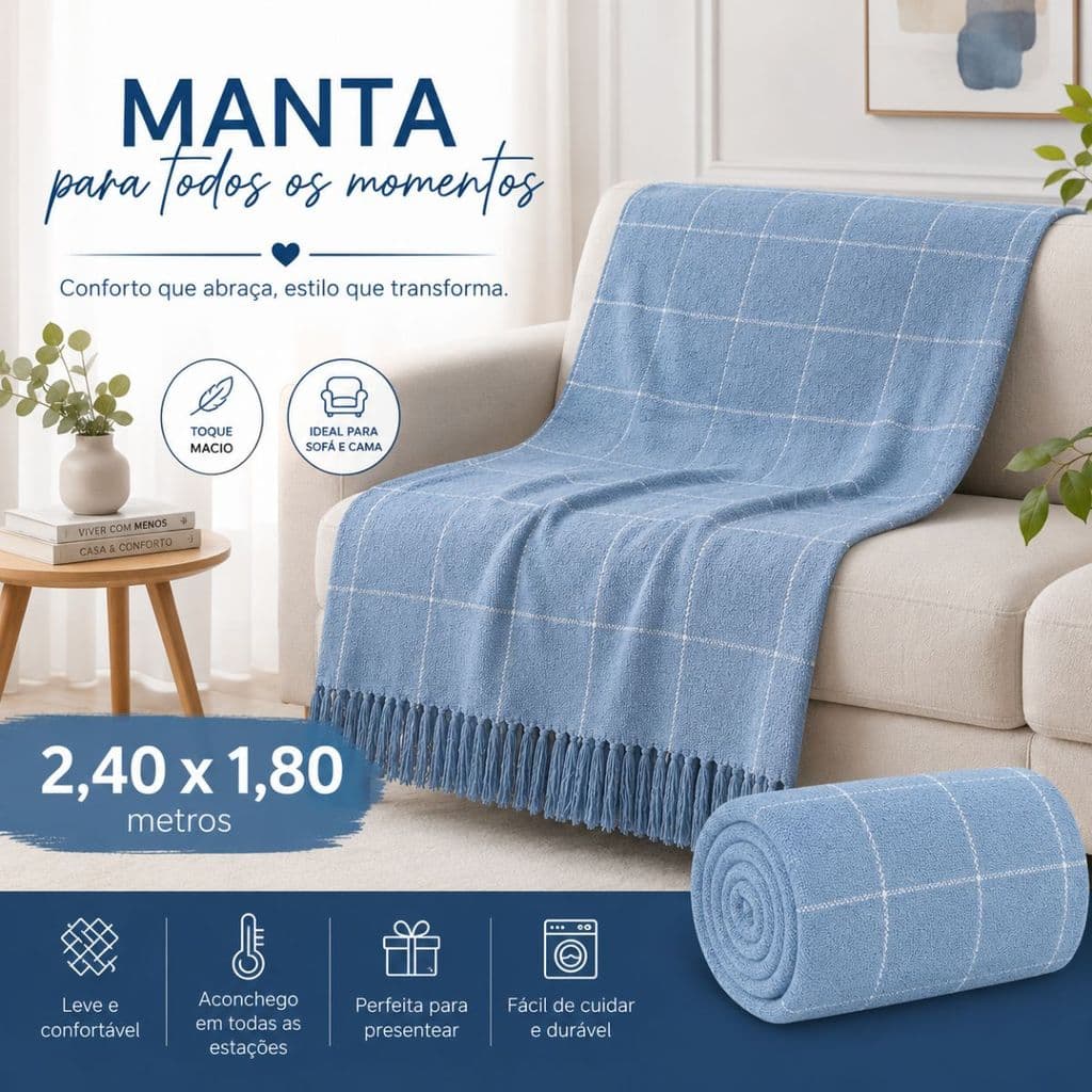 Manta 2,40x1,80m para Sofá Grande e Cama Casal  – Estilo, Elegância e Aconchego