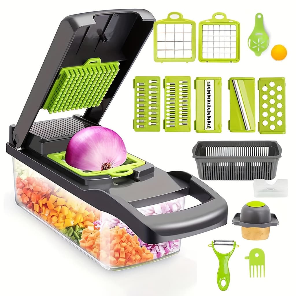 Cortador de Legumes Multifuncional 16 em 1 - Fatiador Manual de Alimentos com Recipiente, Cortador de Legumes para Cozin