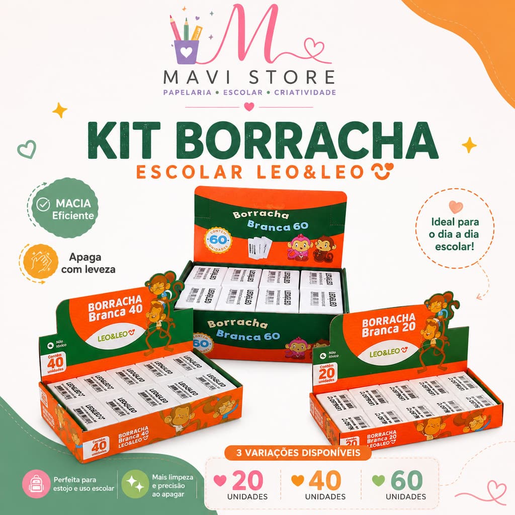 Borrachas Brancas Leo&Leo Kit 20 unidades N°20/40/60 Escolar