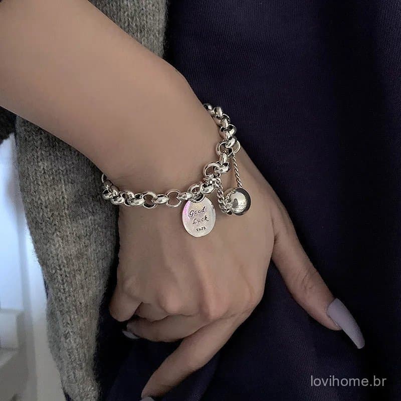 Pulseira de Letras com Pérolas em Prata Esterlina 925 PANJBJ para Mulheres |   Joias Punk da Boa Sorte