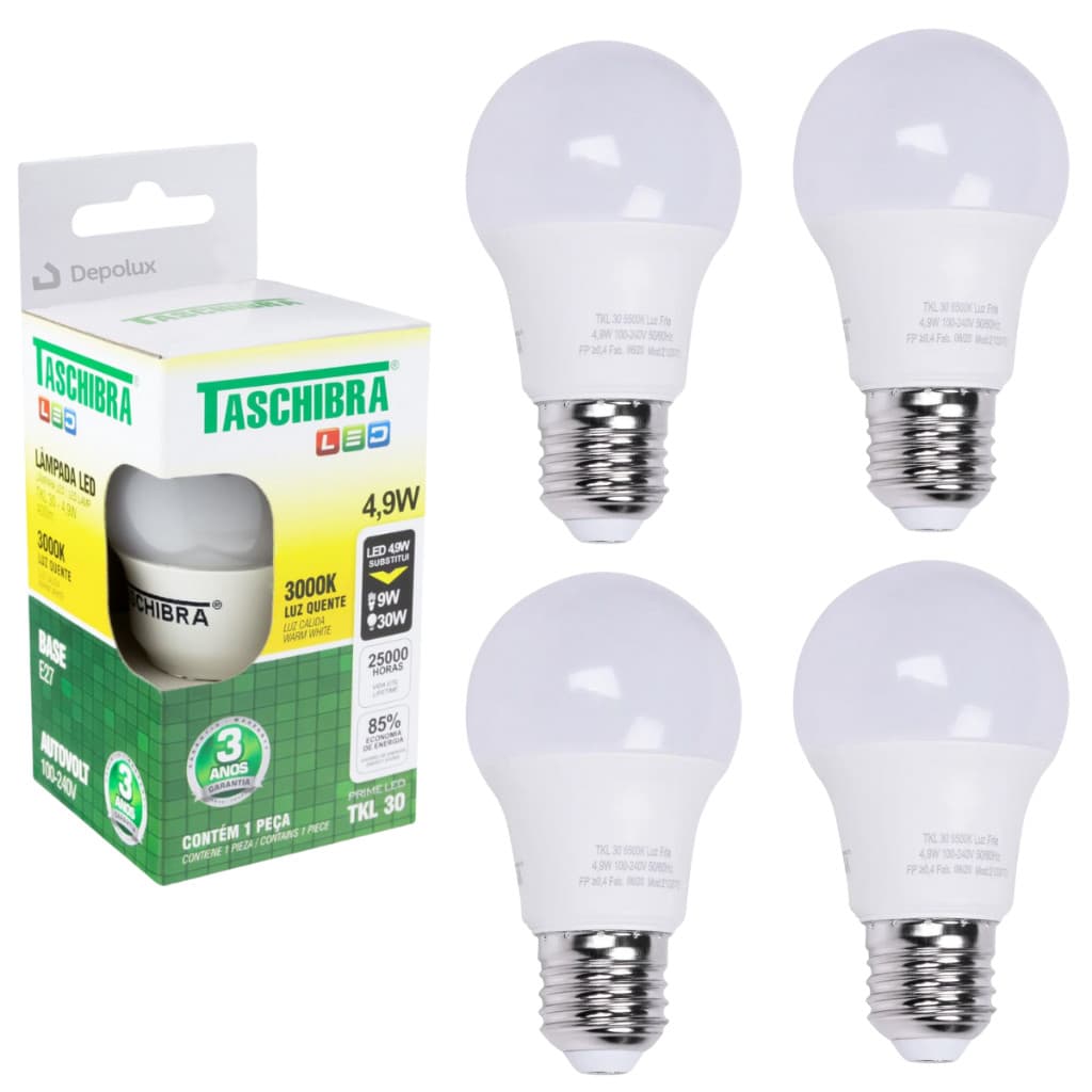 Kit 5 Lâmpada Bolinha Led 4,9w Tkl 30 E27 Econômica E27 Taschibra