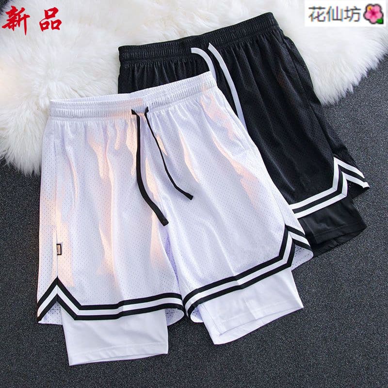 Verão bonito calças de bola americana falso shorts de duas peças calças esportivas malha mas joelho shorts duplos mascul
