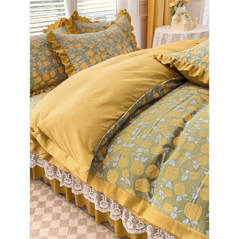Versão coreana lavado algodão linho duplo fio capa de cama conjunto de quatro peças renda acolchoada lençol colcha capa