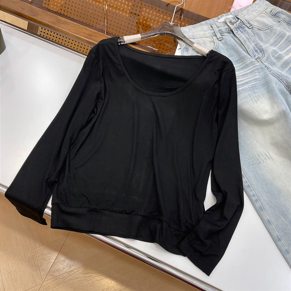 Ombro genuíno de manga comprida camiseta feminina início da primavera estilo básico camisa de fundo interno doce picante
