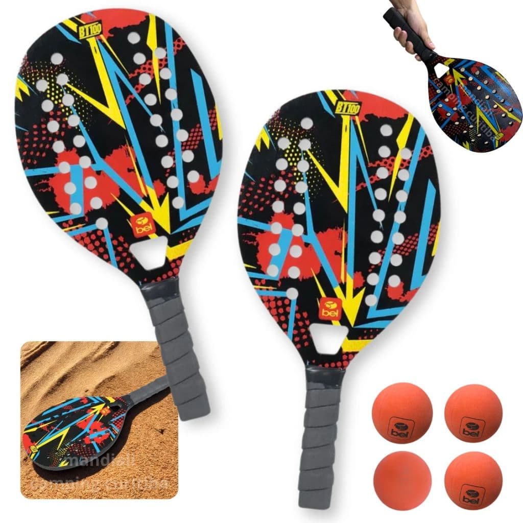 Conjunto 2 Raquetes para Beach Tennis de Praia em Madeira Red + 4 Bolinhas de Borracha