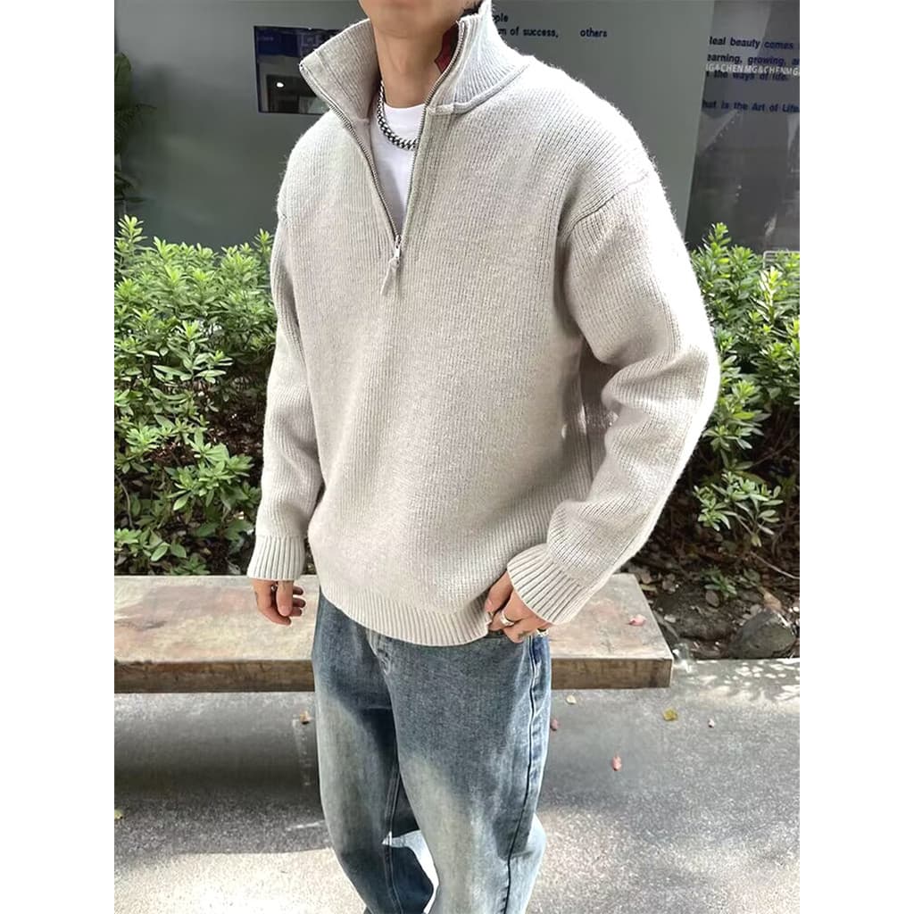 Suéter masculino de gola média e alta, meio zíper, ajuste fino, manga comprida, suporte de limpeza americano