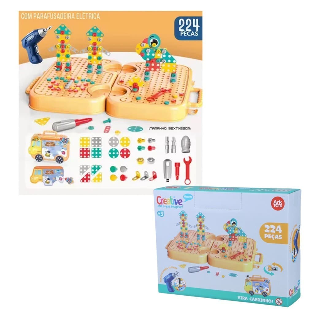 Maleta Veículo Creative Ark Toys com Rodinhas Brinquedo de Montar Peças Coloridas +3 Anos